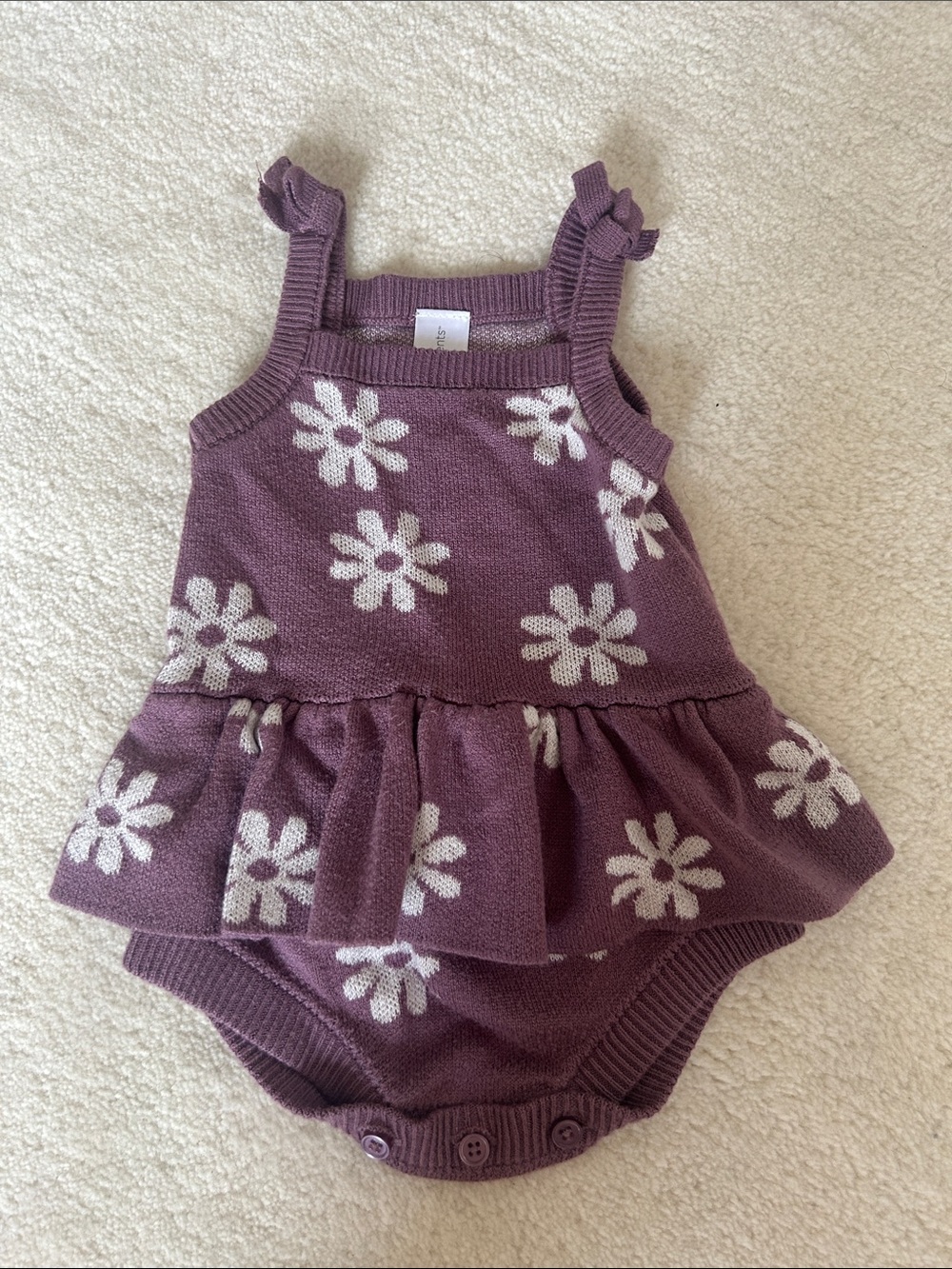 Plum Daisy Knit Baby Romper Dress with Ruffle Skirt
